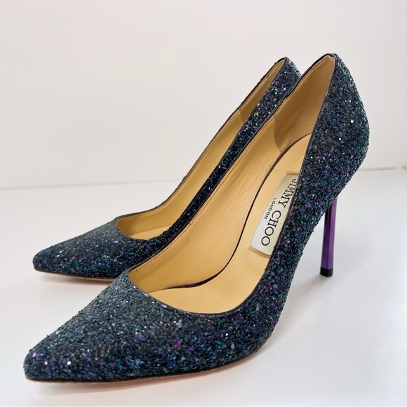 Jimmy Choo Authentic Romy Heels Blue Navy Leather Glitter Pumps Pointed Toe - Picture 3 of 8